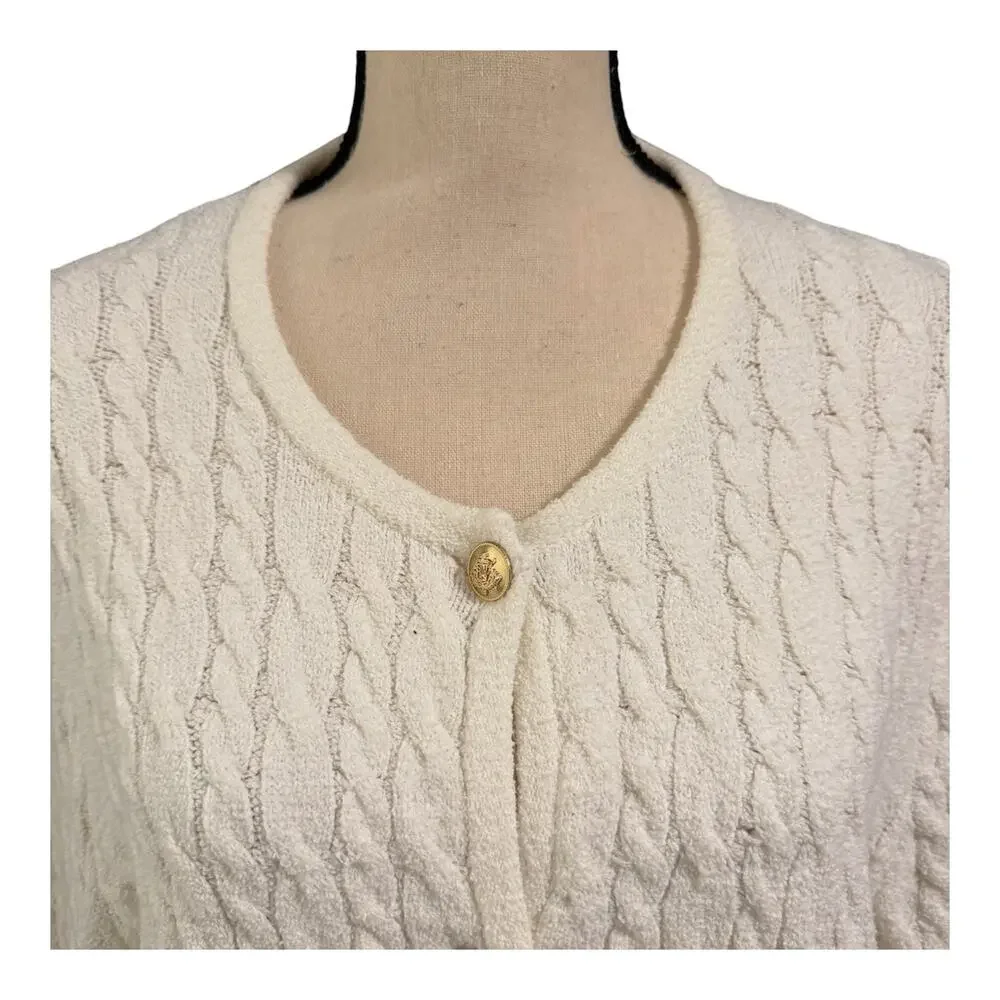 J. Crew Womens Ivory Cable Knit Odette Lady Sweater Jacket Sz L Old Money Luxury